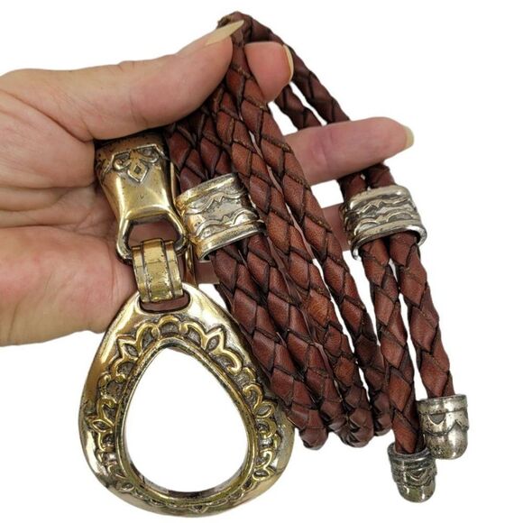 Vtg 90\'s Belt Leather Rare Bolo Braided Tie Ornate Silver‎ Buckle Brown Sz M